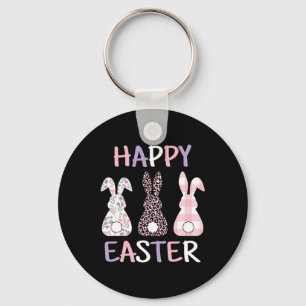Happy Easter Cute Pink Leopard Plaid Flower Bunny Keychain