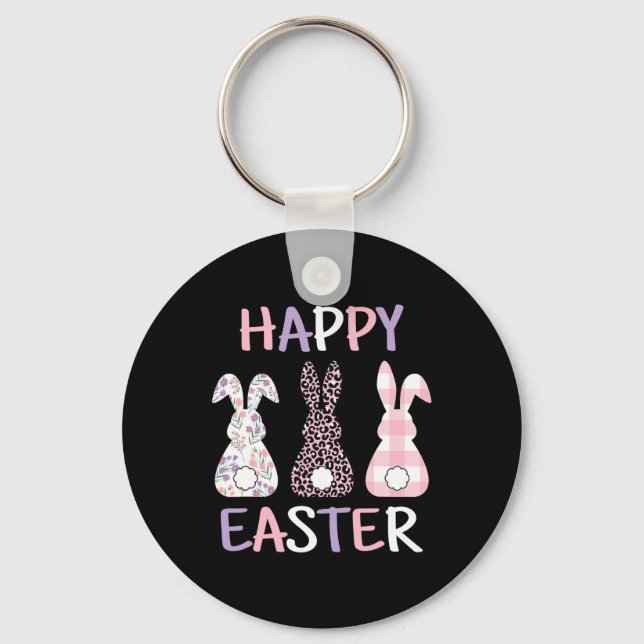 Happy Easter Cute Pink Leopard Plaid Flower Bunny  Keychain (Front)