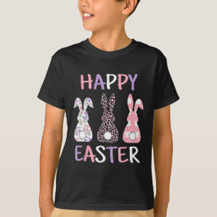 Happy Easter Cute Pink Leopard Plaid Flower Bunny T-Shirt