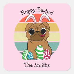Happy Easter Cute Pug w Bunny Ears & Colourful Egg Square Sticker
