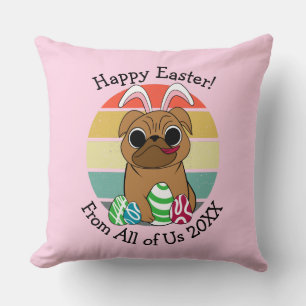 Happy Easter Cute Pug w Bunny Ears & Colourful Egg Throw Pillow