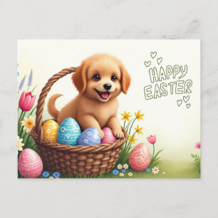 Happy Easter Cute Puppy with Easter Eggs Holiday Postcard