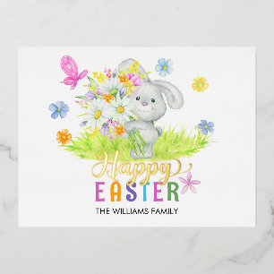 Happy Easter Cute Rabbit Bouquet Spring Flowers Foil Holiday Postcard