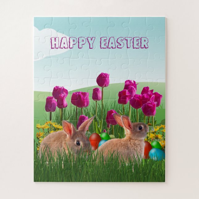 Happy Easter Cute Rabbit Tulips and Coloured Eggs Jigsaw Puzzle (Vertical)