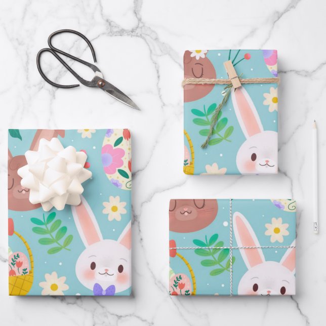 Happy Easter Cute Rabbits Wrapping Paper Sheet (Front)