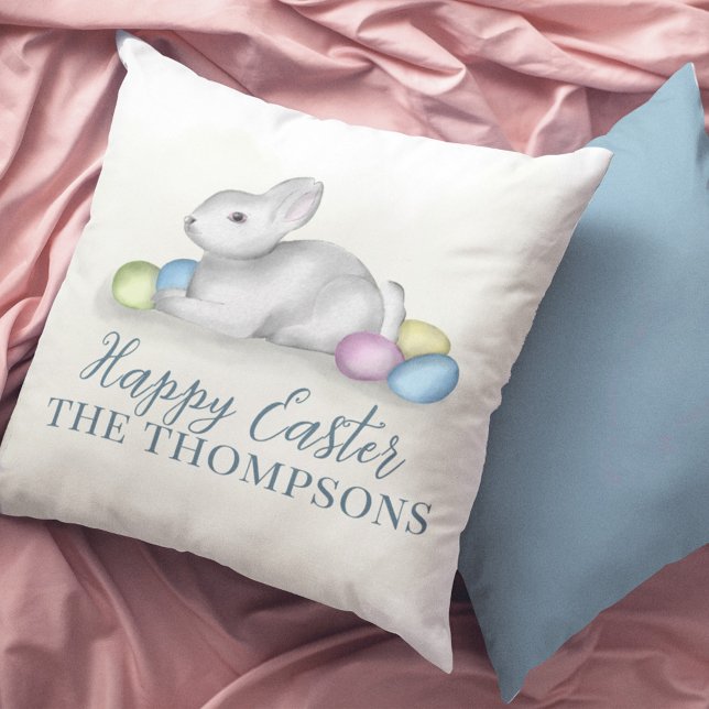 Happy Easter Cute Simple Typography Pastel Elegant Throw Pillow (Cute Easter bunny Happy Easter typography throw pillow. )