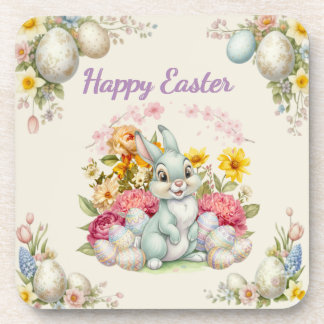 Happy Easter Cute Water Color bunny  Coaster