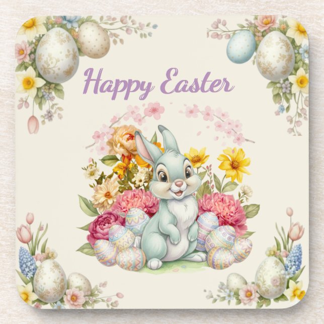 Happy Easter Cute Water Color bunny  Coaster (Front)
