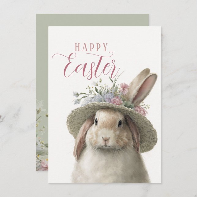 Happy Easter Cute Watercolor Floral Bunny Rabbit Card (Front/Back)