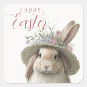 Happy Easter Cute Watercolor Floral Bunny Rabbit Square Sticker
