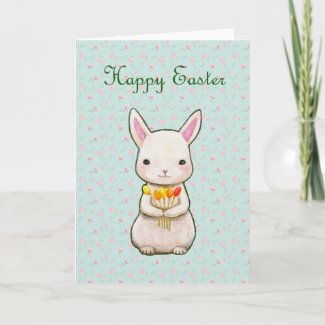 Happy Easter Cute white Bunny with flowers Spring