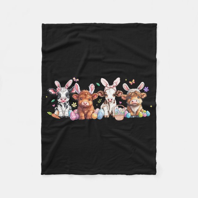 Happy Easter Day Cow Easter Egg Easter Retro  Fleece Blanket (Front)