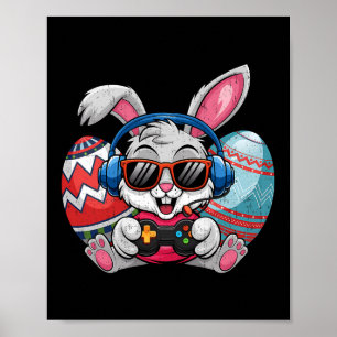 Happy Easter Day Cute Bunny Playing Video Game Kid Poster