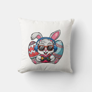 Happy Easter Day Cute Bunny Playing Video Game Kid Throw Pillow