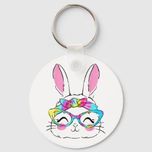 Happy Easter Day Cute Bunny Rabbit Face Tie Dye Keychain
