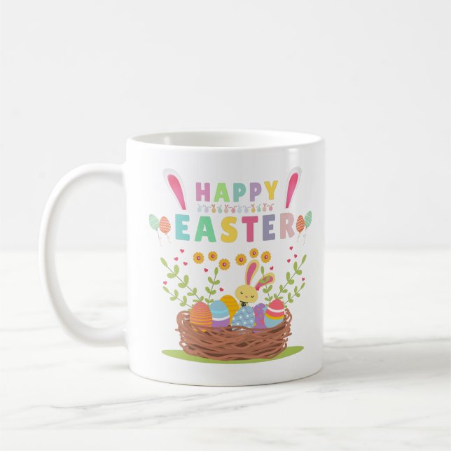 Happy Easter Day Cute Bunny With Eggs - Easter Coffee Mug (Left)