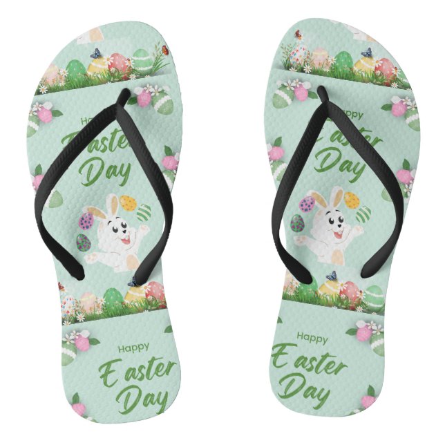 Happy Easter day- Funny Bunny And Eggs Easter      Flip Flops (Footbed)