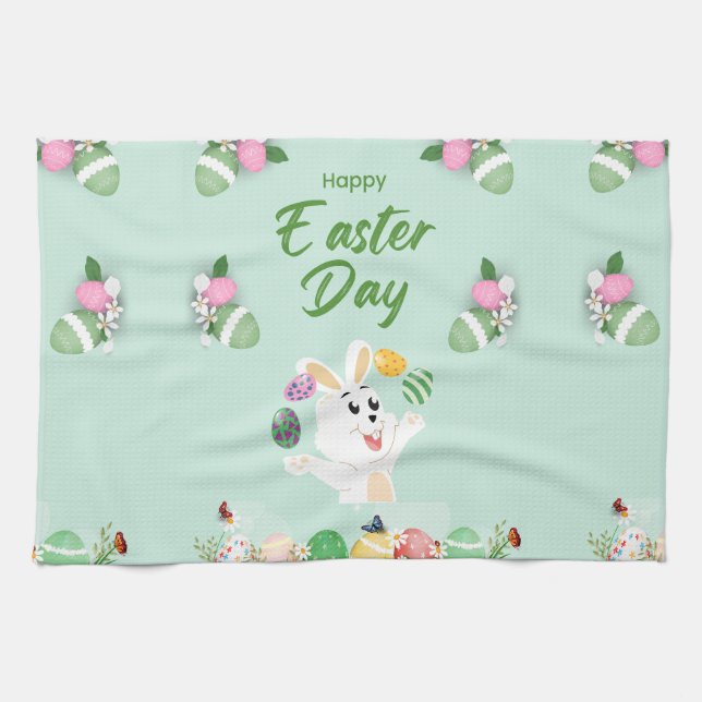 Happy Easter day- Funny Bunny And Eggs Easter      Kitchen Towel (Horizontal)