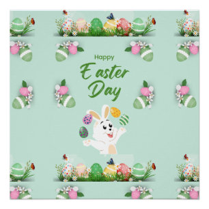 Happy Easter day- Funny Bunny And Eggs Easter Poster