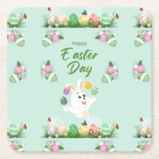 Happy Easter day- Funny Bunny And Eggs Easter      Square Paper Coaster (Front)