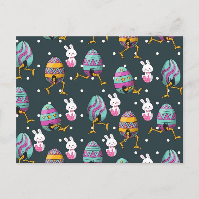 Happy Easter day- Funny Bunny Wishes Pattern       Holiday Postcard (Front)