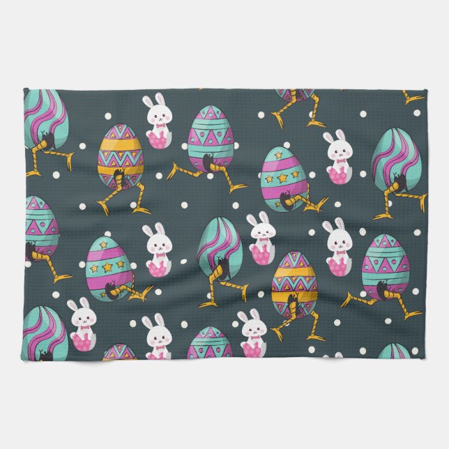Happy Easter day- Funny Bunny Wishes Pattern       Kitchen Towel (Horizontal)