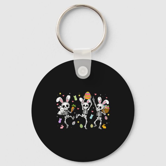 Happy easter day funny skeletons dancing bunny egg keychain (Front)