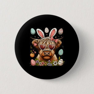Happy Easter Day Highland Cow Easter Bunny Rabbit 2 Inch Round Button