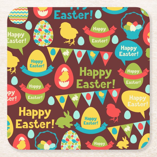 Happy Easter day- Pattern Bunny And Eggs Easter    Square Paper Coaster (Front)