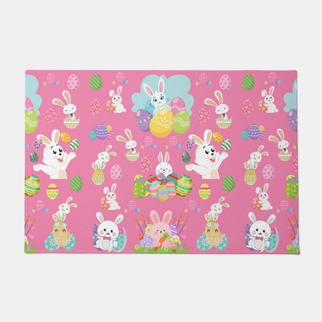 Happy Easter day- Pattern Funny Bunny And Eggs   Doormat (Front)