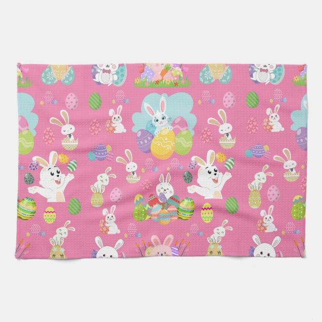 Happy Easter day- Pattern Funny Bunny And Eggs     Kitchen Towel (Horizontal)