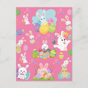 Happy Easter day- Pattern Funny Bunny And Eggs Postcard
