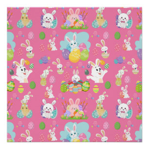 Happy Easter day- Pattern Funny Bunny And Eggs Poster