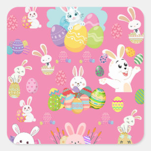 Happy Easter day- Pattern Funny Bunny And Eggs Square Sticker