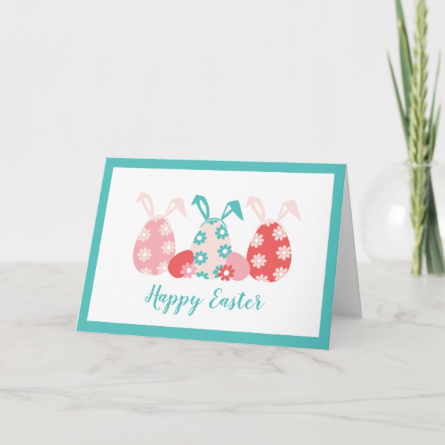 Happy Easter Decorated Eggs Bunny Ears Card (Front)