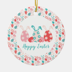 Happy Easter Decorated Eggs Bunny Ears Ceramic Ornament
