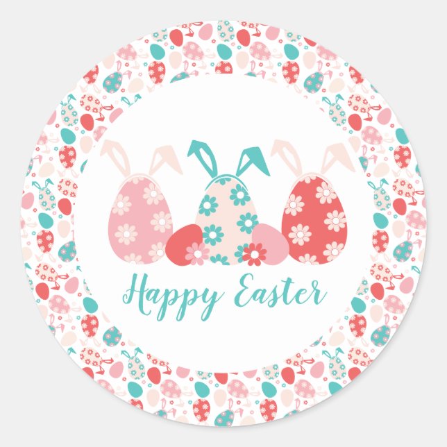 Happy Easter Decorated Eggs Bunny Ears Classic Round Sticker (Front)