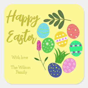 Happy Easter Decorative Eggs Beautiful Plants Square Sticker