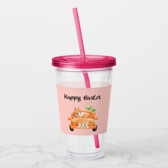 Happy Easter driver bunny on pink Acrylic Tumbler (Left)