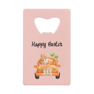 Happy Easter driver bunny on pink Credit Card Bottle Opener