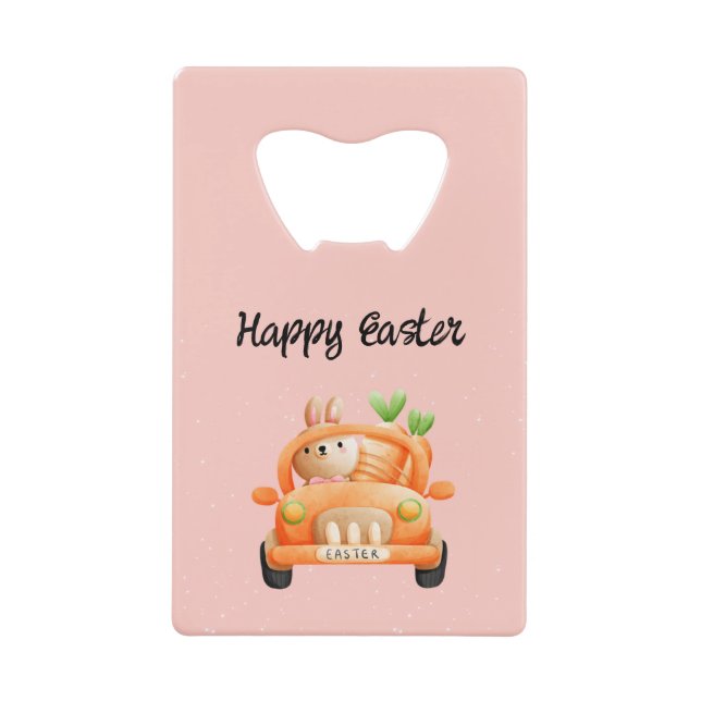 Happy Easter driver bunny on pink Credit Card Bottle Opener (Front)