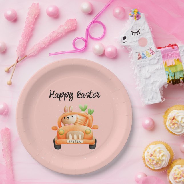 Happy Easter driver bunny on pink Paper Plate (Party)