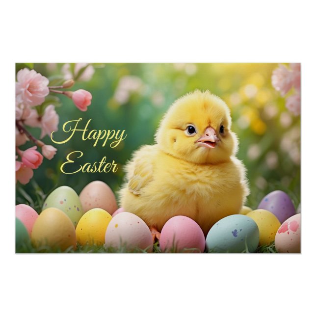 Happy Easter Easter Baby Chick with Painted Eggs  Poster (Front)