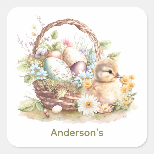 Happy Easter Easter Basket & Duckling Personalized Square Sticker (Front)