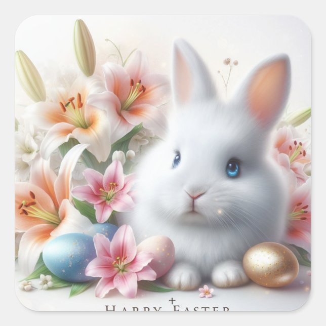 Happy Easter, Easter Bunny, Eggs and Flowers Square Sticker (Front)