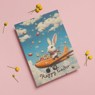 Happy easter, easter bunny flying with eggs holiday postcard
