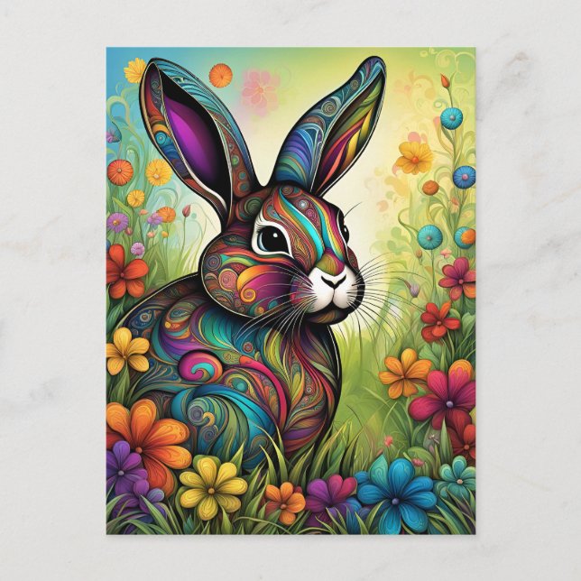 Happy Easter - Easter bunny in flowers Holiday Postcard (Front)