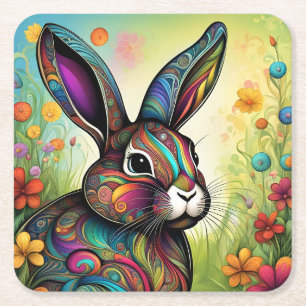 Happy Easter - Easter bunny in flowers Square Paper Coaster