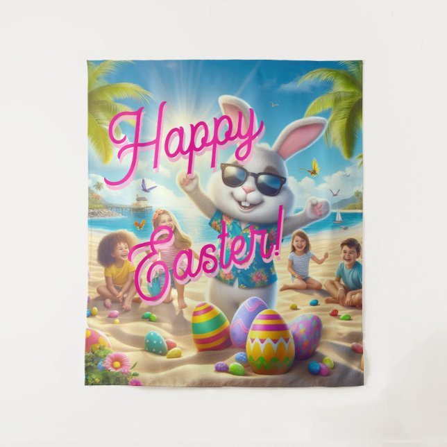 Happy Easter Easter Bunny on Beach Tapestry (Front)