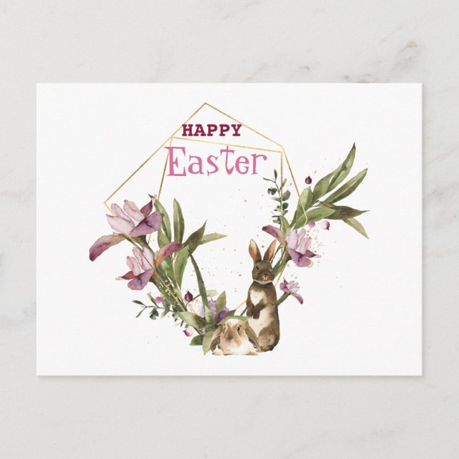 Happy Easter | Easter Bunny Violet Magnolia Wreath Holiday Postcard (Front)